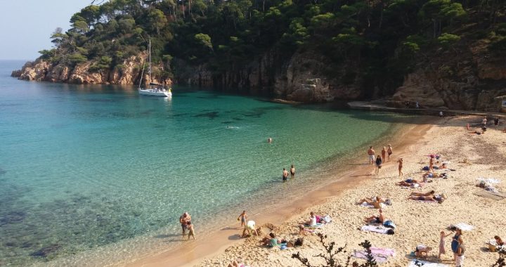Playa de la cala de Aiguablava, en Begur, con bañistas, aguas turquesa, pinos sobre las rocas y un velero fondeado al fondo
