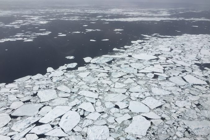 Témpanos de hielo marino fragmentados flotando en el mar, fotografiados desde un avión de la NASA