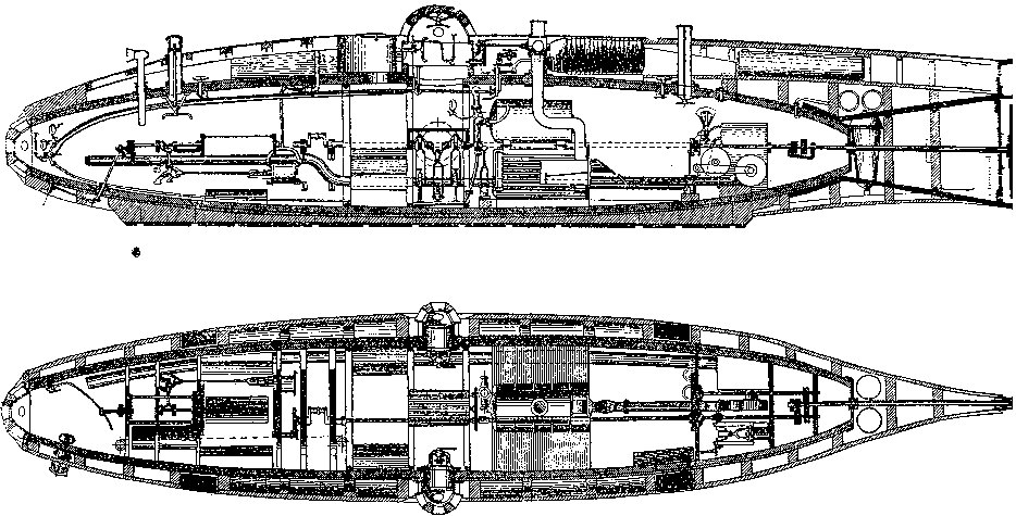 Plano histórico de un submarino Ictíneo, con el casco exterior en forma de pez