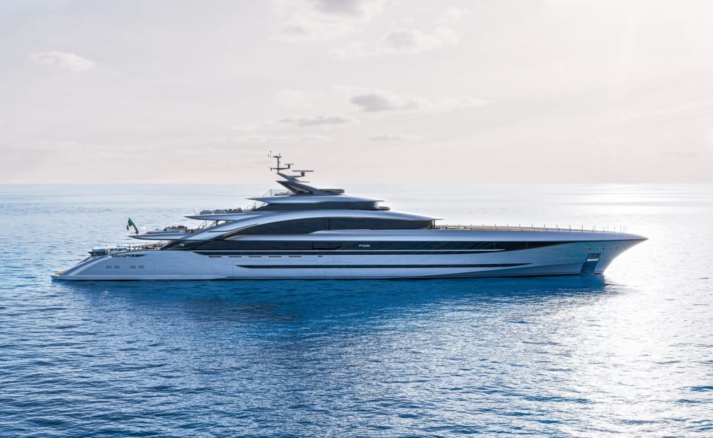 Recreación del superyate ISA Poseidon 86 navegando en mar abierto, vista de perfil
