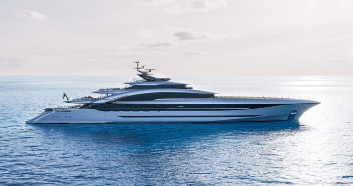 Recreación del superyate ISA Poseidon 86 navegando en mar abierto, vista de perfil