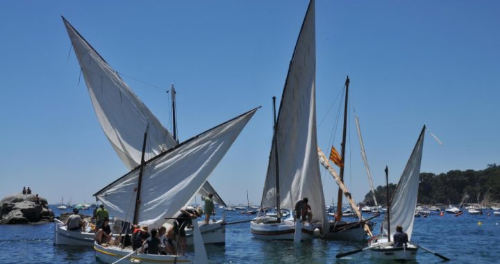 Llaüts de vela latina con las velas izadas en una cala de Calella de Palafrugell durante la XVI Trobada de vela llatina, en 2008