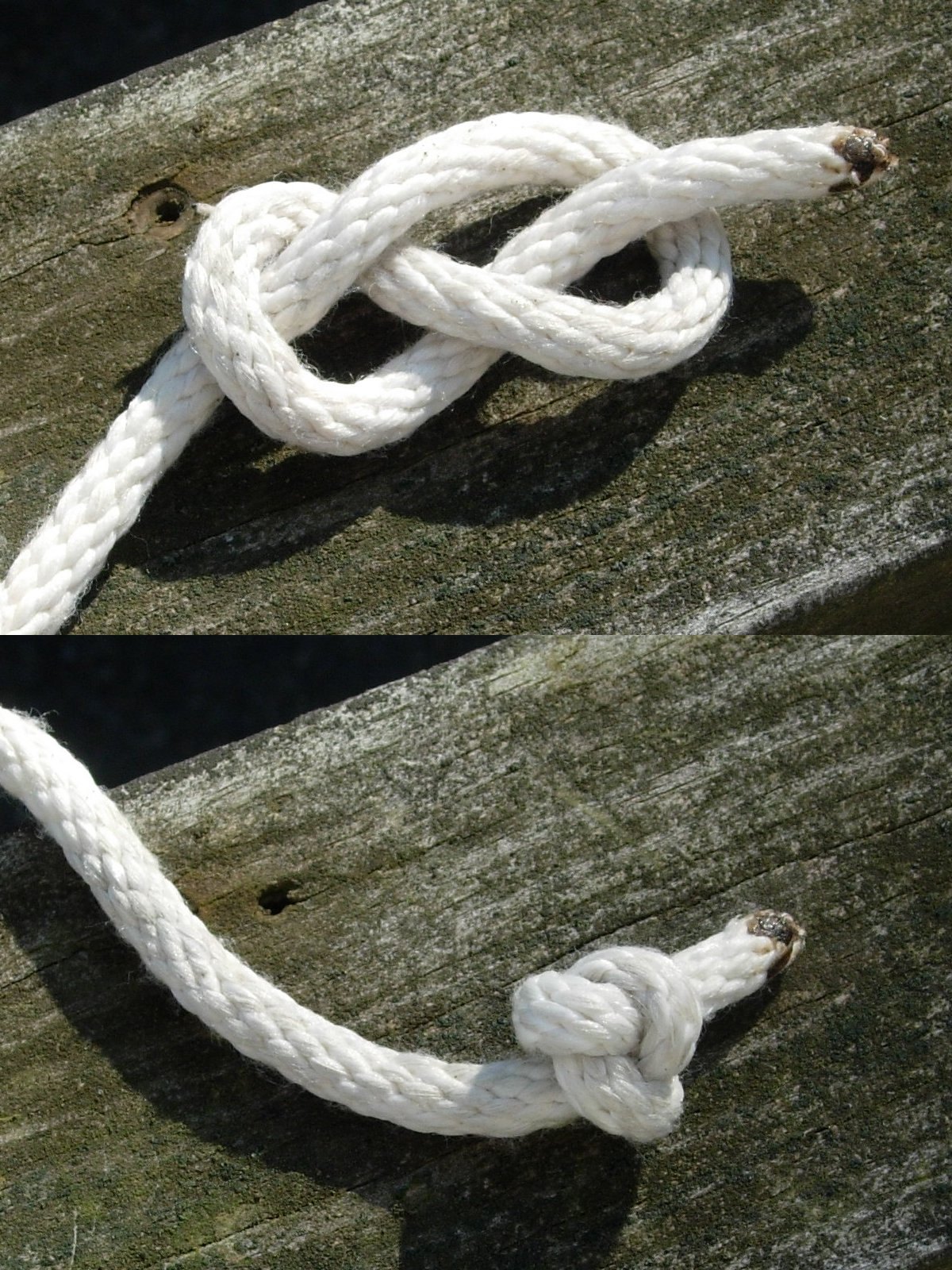 Nudo de ocho en un cabo blanco, arriba sin apretar y abajo apretado
