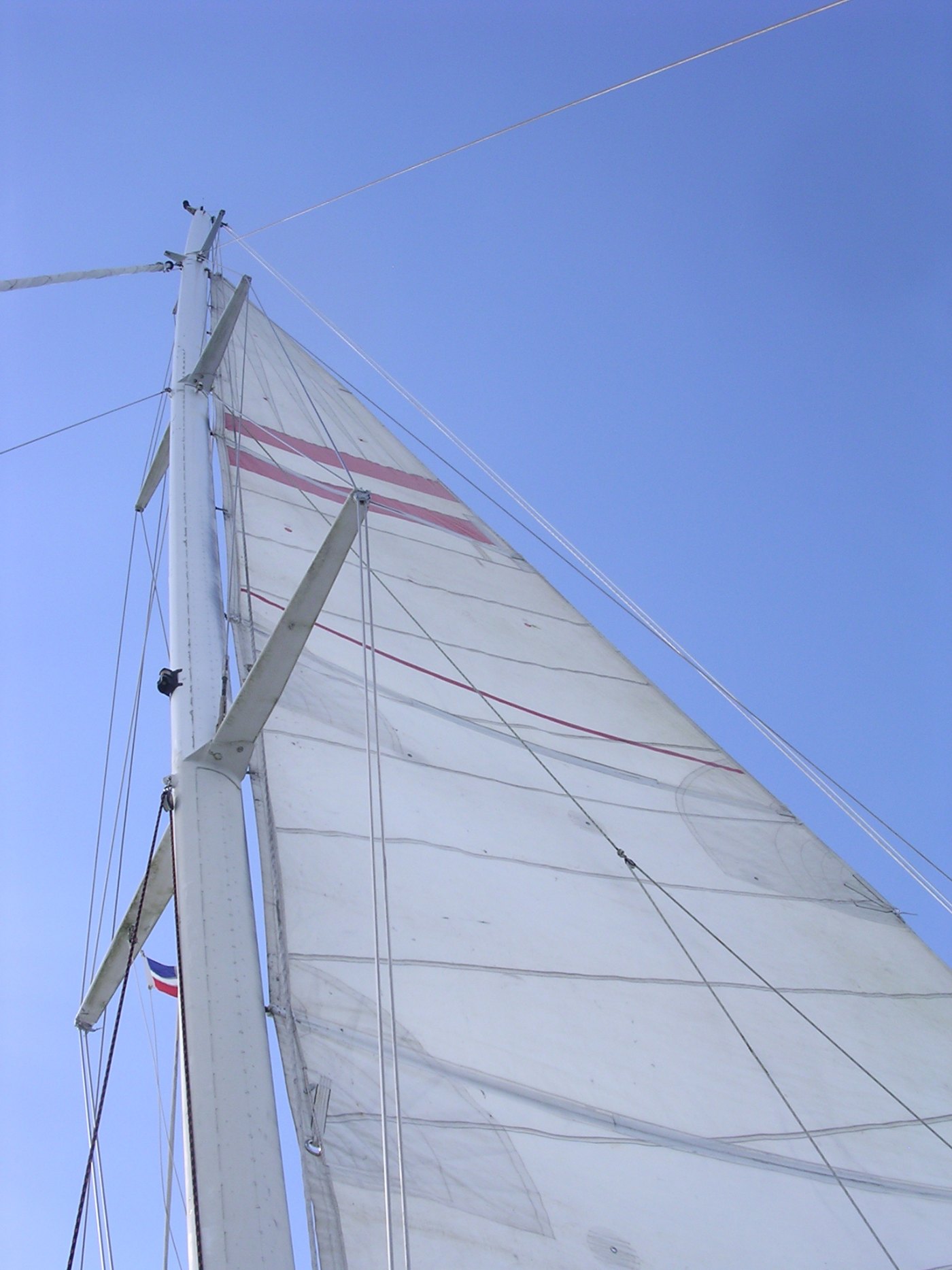 Mástil de aluminio visto desde abajo con dos pares de crucetas, obenques y la vela mayor izada