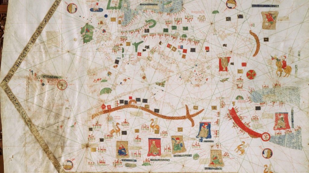 Carta portulana de Gabriel de Vallseca de 1439, con la red de líneas de viento y una rosa de los vientos