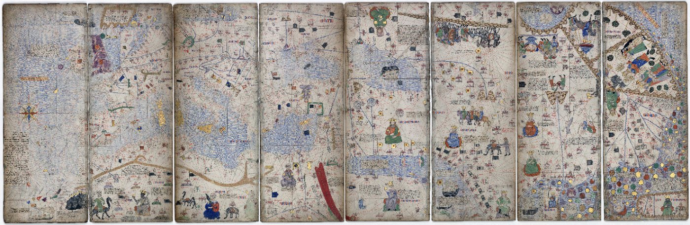 Paneles cartográficos del Atles Català de 1375, con la rosa de los vientos en el Atlántico, en el panel izquierdo