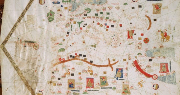 Carta portulana de Gabriel de Vallseca de 1439, con la red de líneas de viento y una rosa de los vientos