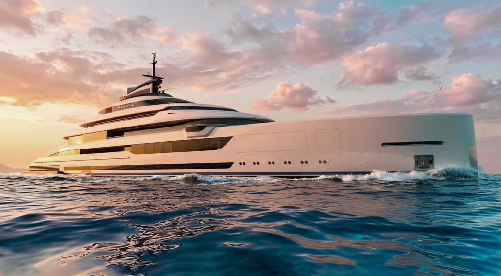 Recreación del superyate de 116 metros Project White Arrow, diseñado por Nuvolari Lenard, navegando al atardecer