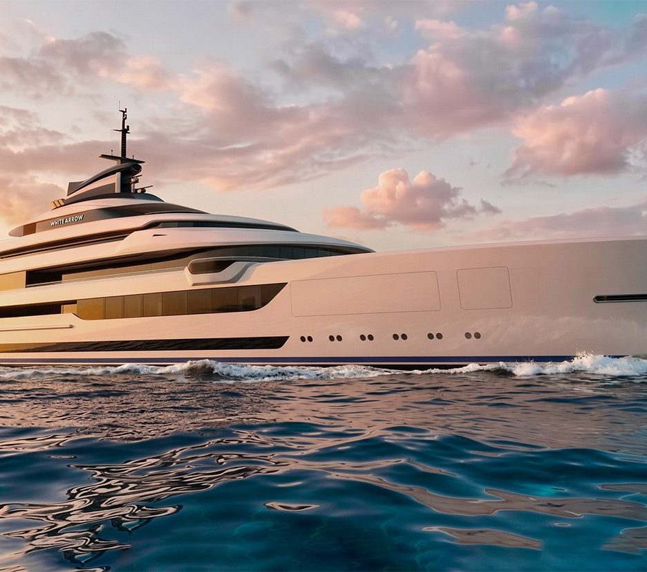 Recreación del superyate de 116 metros Project White Arrow, diseñado por Nuvolari Lenard, navegando al atardecer
